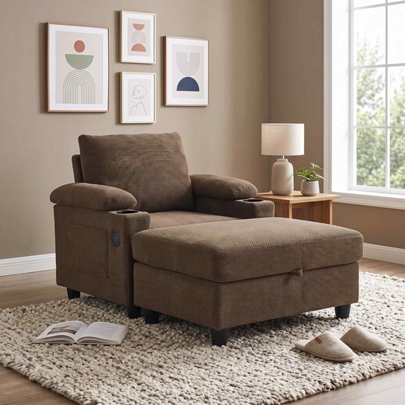 Timbernest Accent Chair with Ottoman Set, Versatile Reclining Chair with Cup Holders, USB-C Ports and Storage, Brown
