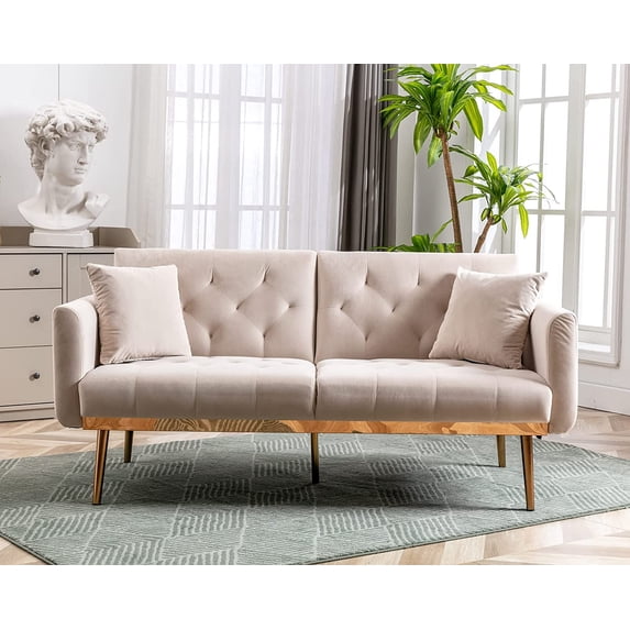 Timbernest Convertible Pull Out Sofa Bed, Upholstered Sleeper Sofa Loveseat, Beige Velvet