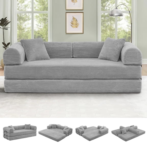 Timbernest Convertible Sleeper Sofa Bed 78" Folding Sofa Bed with 2 Pillows 3-Seat Floor Mattress Sofa for Living Room, No Assembly, Light Gray
