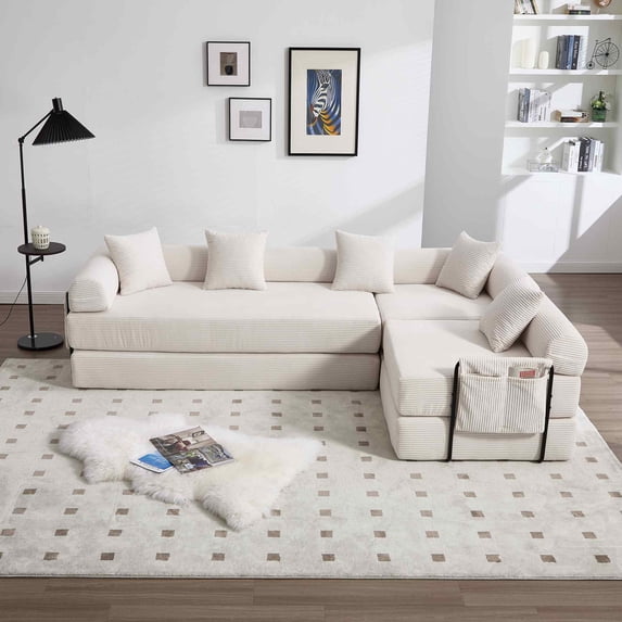 Timbernest 106" Oversized L-Shaped Cloud Couch, Convertible Sleeper Sofa, Folding Corduroy Sofa Bed for Living Room, Beige