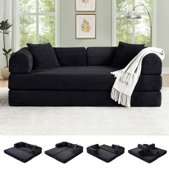 Timbernest Convertible Sleeper Sofa Bed 78" Folding Sofa Bed with 2 Pillows 3-Seat Floor Sofa for Living Room, No Assembly, Black