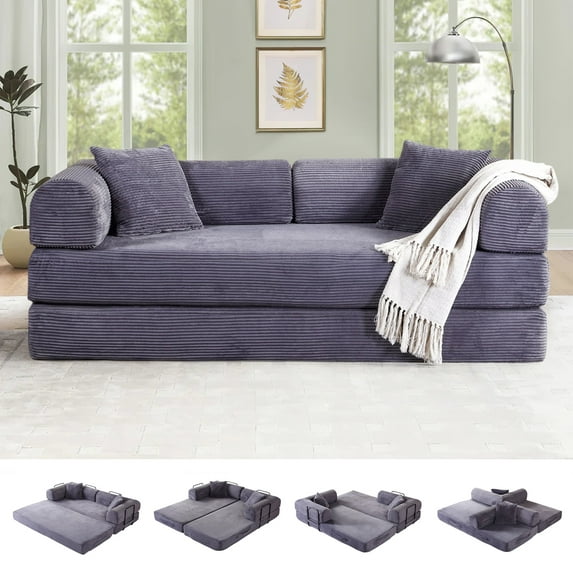 Timbernest Convertible Sleeper Sofa Bed 78" Folding Sofa Bed with 2 Pillows 3-Seat Floor Sofa for Living Room, No Assembly, Gray