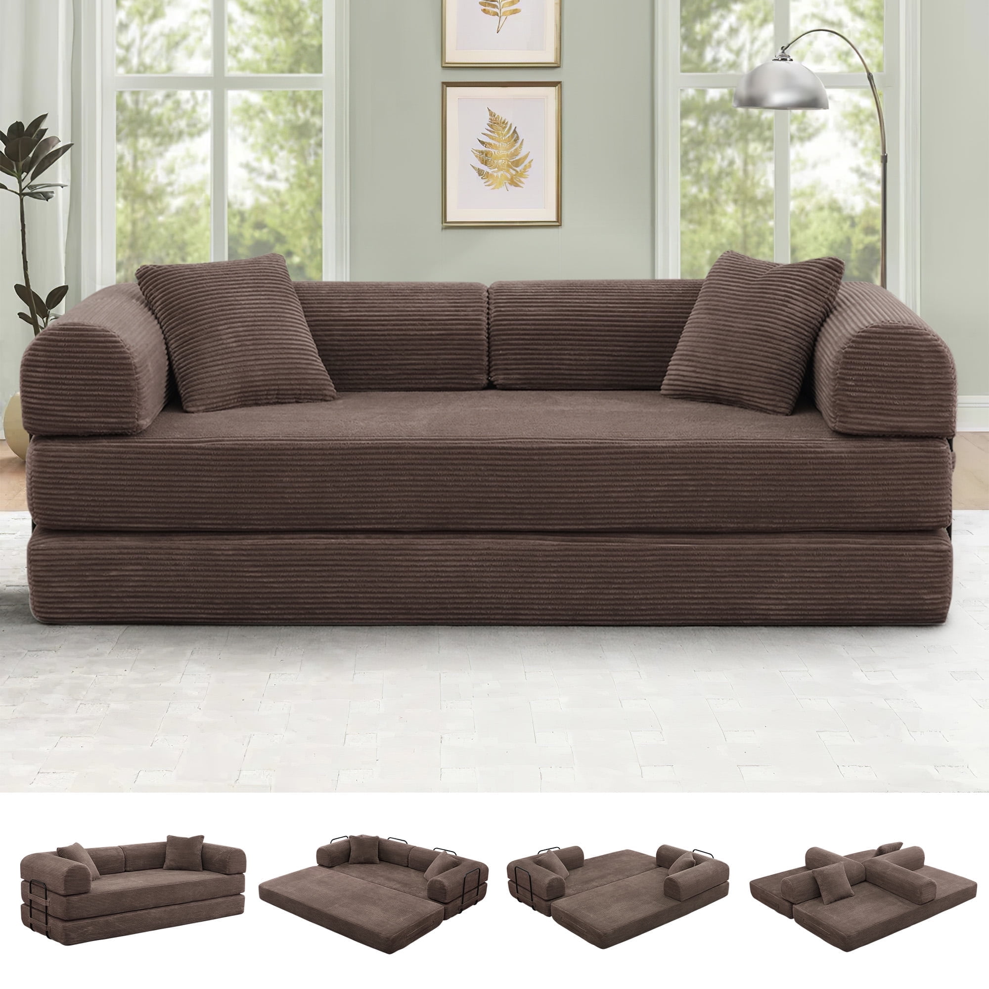 Timbernest Full Size Convertible Sleeper Sofa Bed 78" Folding Sofa Bed with 2 Pillows 3-Seat Floor Mattress Sofa for Living Room, No Assembly, Brown