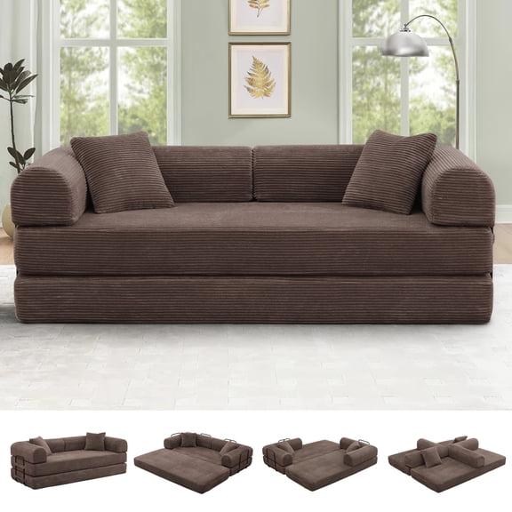 Timbernest Full Size Convertible Sleeper Sofa Bed 78" Folding Sofa Bed with 2 Pillows 3-Seat Floor Mattress Sofa for Living Room, No Assembly, Brown