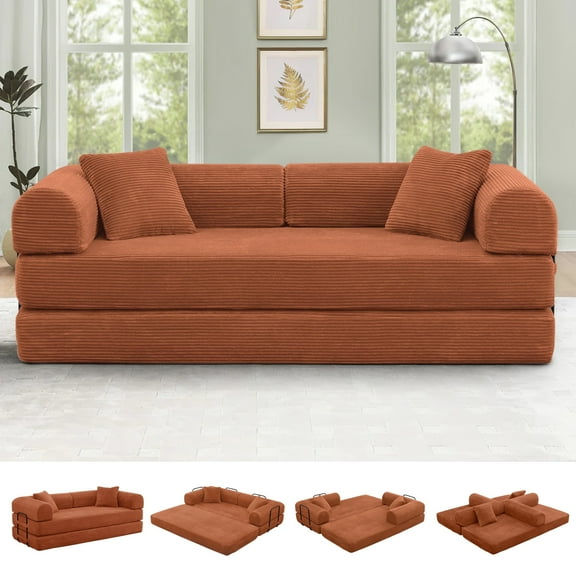 Timbernest Full Size Convertible Sleeper Sofa Bed 78" Folding Sofa Bed with 2 Pillows 3-Seat Floor Mattress Sofa for Living Room, No Assembly, Orange