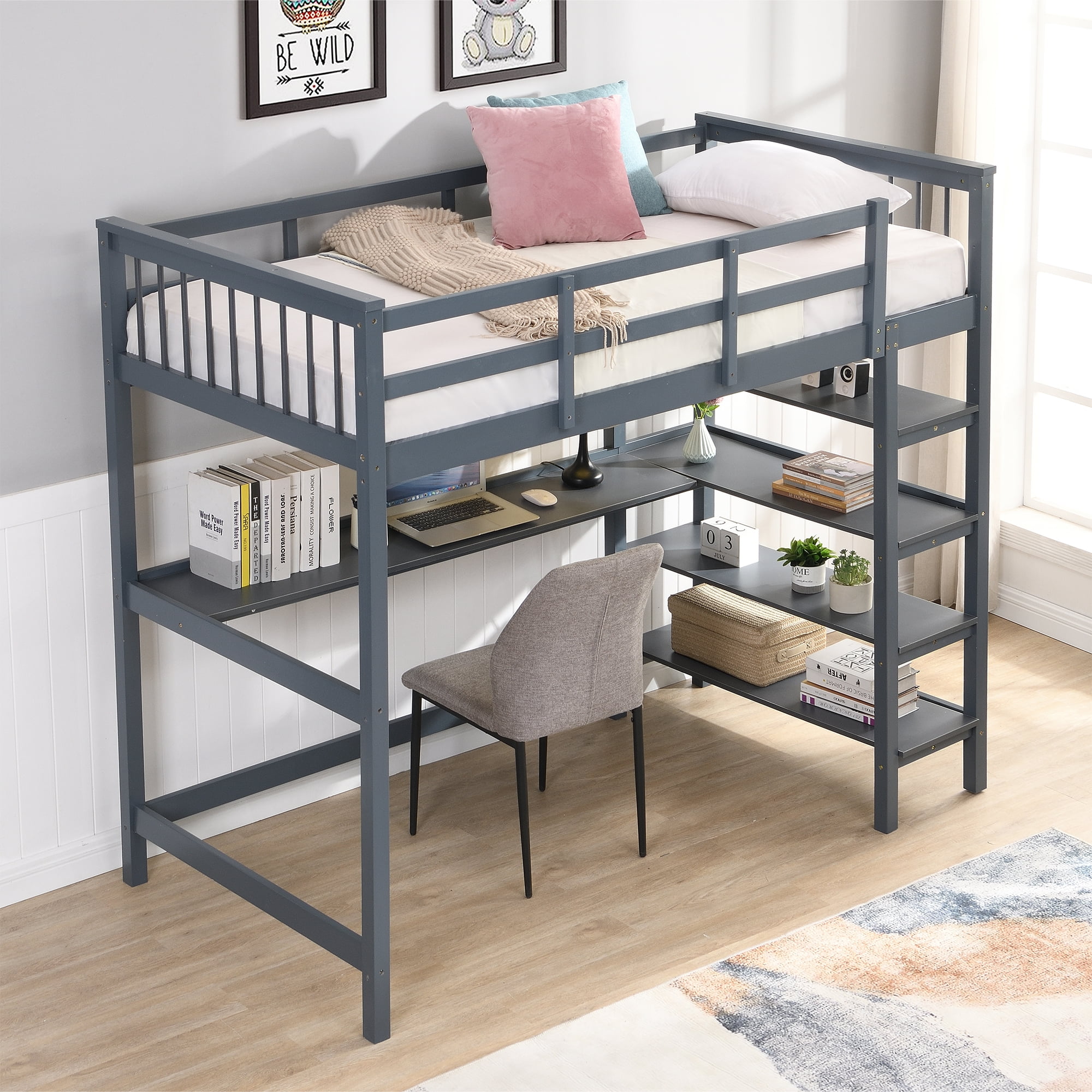 Timbernest Full Size Loft Bed with Buildin Desk, Wood Bed Frame for