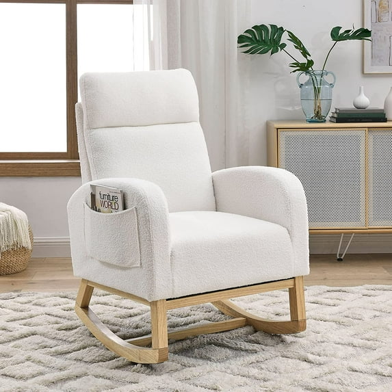 Timbernest Glider Rocking Chair for Nursery, Modern High Back Accent Rocker Chair for Living Room, Ivory Teddy
