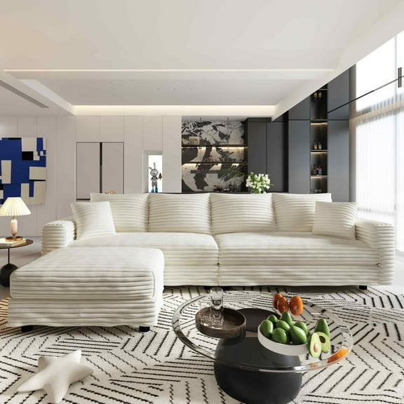 Timbernest L-Shaped Sectional Sofa, 102.4" Cloud Couch with Reversible Ottoman, Deep Seat Corduroy Sofa, Modern 4-Seater Sofa (Beige, 4 Seater with 1 Ottoman)