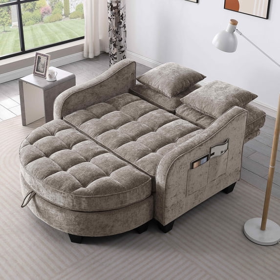 Timbernest Loveseat with Storage Ottoman, Convertible Sleeper Sofa Bed with Adjustable Backrest, 2 Seater Cloud Couch for Living Room, Brown Chenille