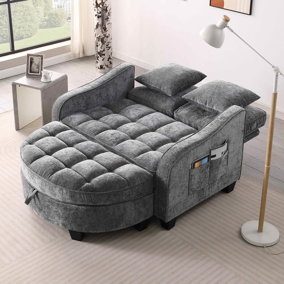 Timbernest Loveseat with Storage Ottoman, Convertible Sleeper Sofa Bed with Adjustable Backrest, 2 Seater Cloud Couch for Living Room, Gray Chenille