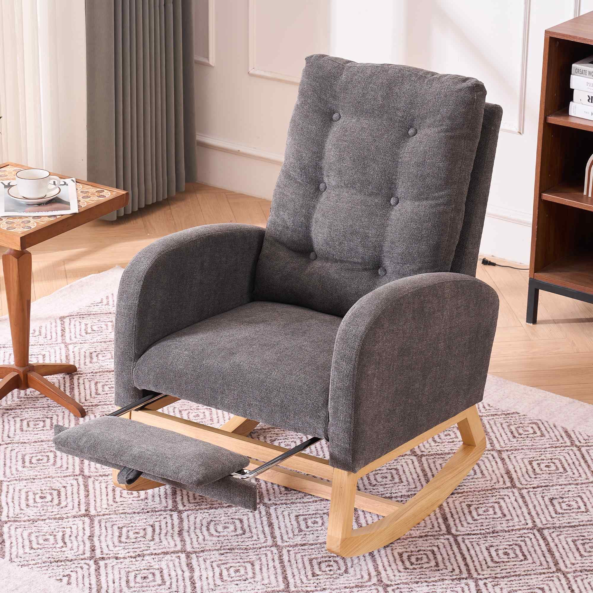 Timbernest Accent Rocking Chair with Footrest, High Back, Rubberwood Rocking Legs for Nursery, Living Space, Teddy Gray