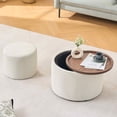 thumbnail image 1 of Timbernest Ottoman with Storage Set of 2, 22.75" Linen Upholstered Round Nesting Foot Stool with Wood Tray, No Assembly Needed, Beige, 1 of 11