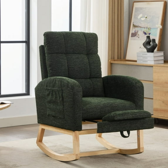 Timbernest Rocking Chair, Upholstered Glider Rocker for Nursery with Footrest and Side Pocket, High Backrest Lounge Arm Chair for Living Room, Bedroom, Office, Dark Green