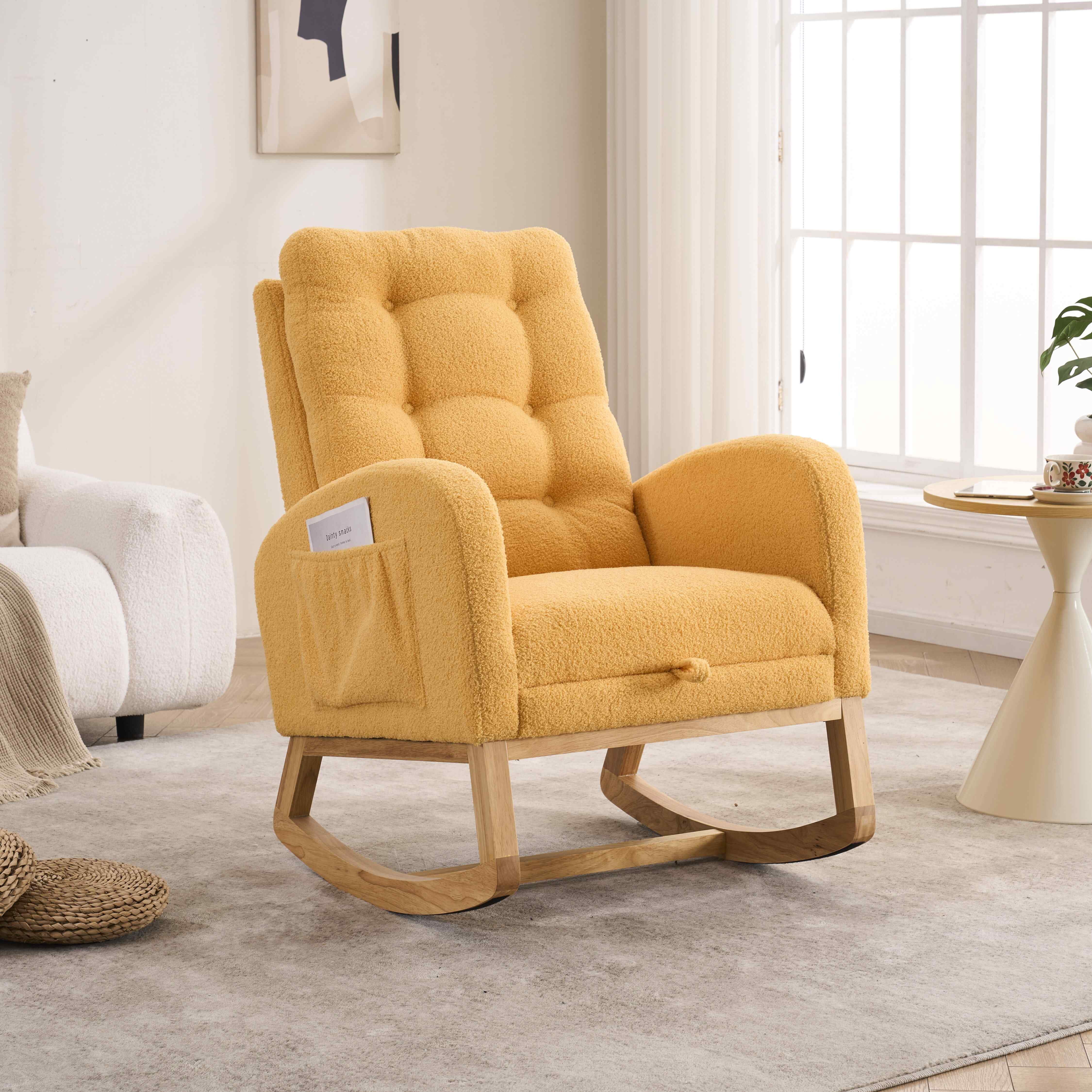 Timbernest Accent Rocking Chair with Footrest, High Back, Rubberwood Rocking Legs for Nursery, Living Space, Teddy Yellow