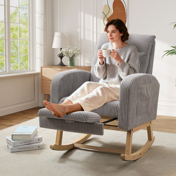 Timbernest Rocking Chair with Footrest, Corduroy Armchair with Side Pocket for Nursery and Living Room, Gray