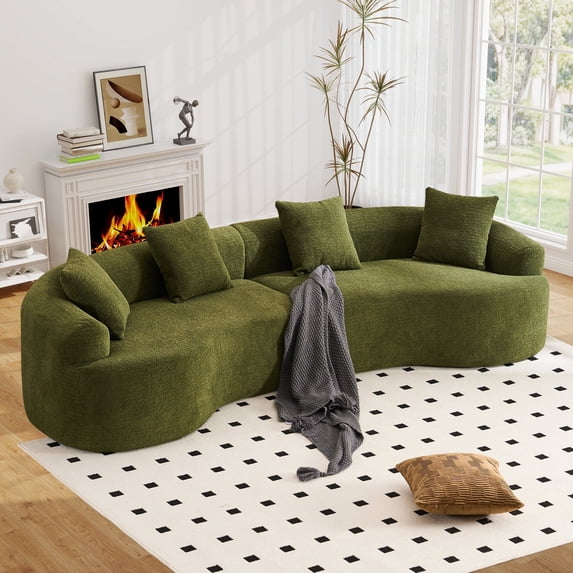 Timbernest Sectional Couch, 110" Curved Chenille Sleeper Sofa, 4 Seater Modular Sectional with 4 Pillows for Living Room, Green