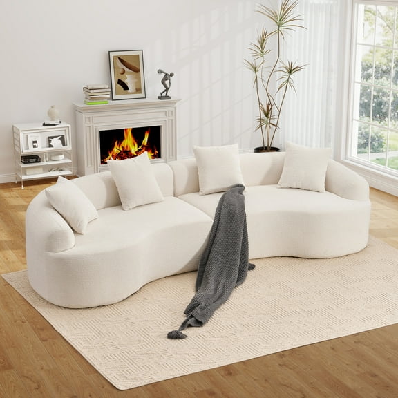 Timbernest Sectional Couch, 110" Curved Chenille Sleeper Sofa, 4 Seater Modular Sectional with 4 Pillows for Living Room, White