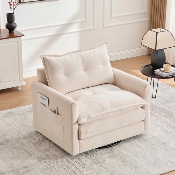 Timbernest Swivel Accent Chair, 30" Wide Modern Sofa Chair, 360° Rotation Accent Barrel Chair with Solid Metal Base, Side Pockets, Beige