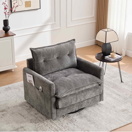 Timbernest Swivel Accent Chair, 30" Wide Modern Sofa Chair, 360° Rotation Accent Barrel Chair with Solid Metal Base, Side Pockets, Gray