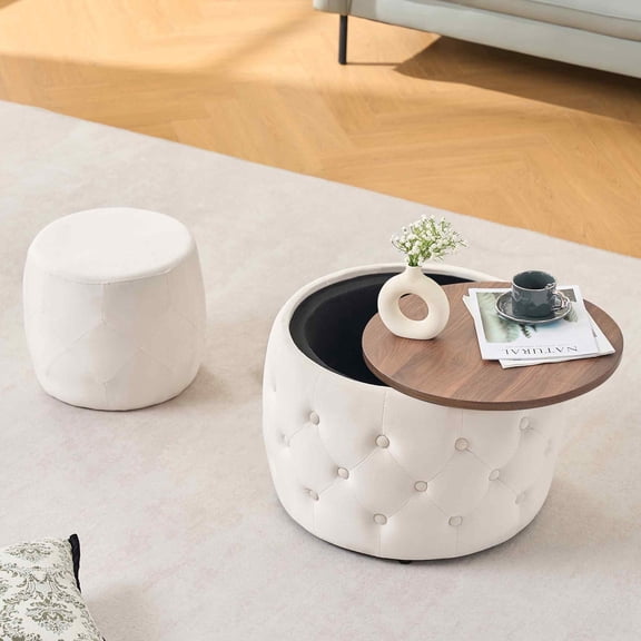 Timbernest Velvet Ottoman with Storage Set of 2, Round Nesting Foot Stool with Wood Tray, No Assembly Needed, Beige