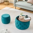 thumbnail image 1 of Timbernest Velvet Ottoman with Storage Set of 2, Round Nesting Foot Stool with Wood Tray, No Assembly Needed, Blue, 1 of 13