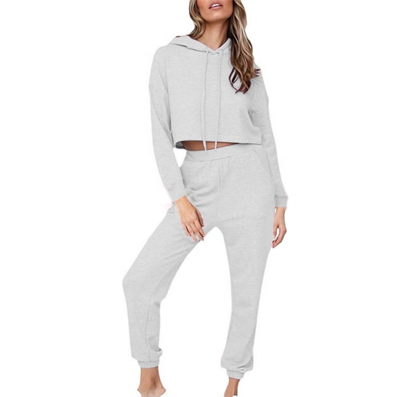 Timdgard 2 Piece Sets for Women Cropped Hoodies Pullover Sweatpants Jogger Workout Running Outfits Fall