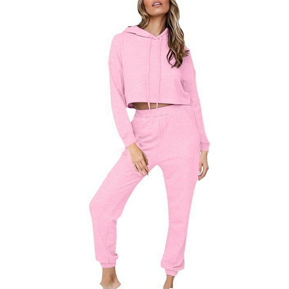 Timdgard 2 Piece Sets for Women Cropped Hoodies Pullover Sweatpants Jogger Workout Running Outfits Fall