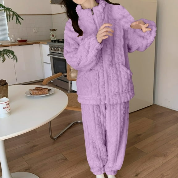Timdgard 2 Piece Sets for Women Fall Winter Fleece Thick Pajamas Zip up Stand Collar Coat Pants Outfits
