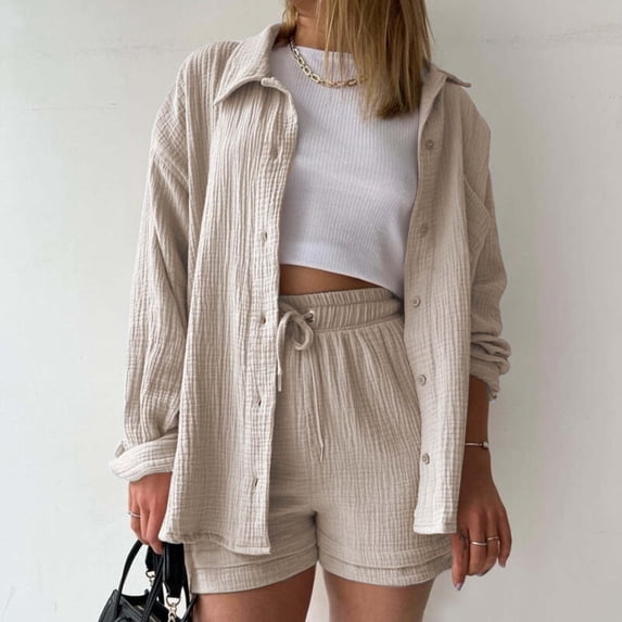 Timdgard 2 Piece Sets for Women Lounge Wear Fall Long Sleeve Button down Matching Outfits Loose Fashion Shorts Suits
