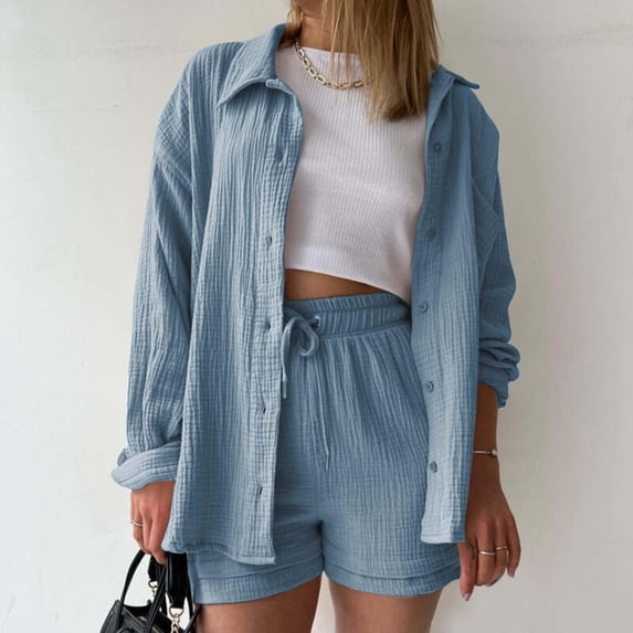 Timdgard 2 Piece Sets for Women Lounge Wear Fall Long Sleeve Button down Matching Outfits Loose Fashion Shorts Suits