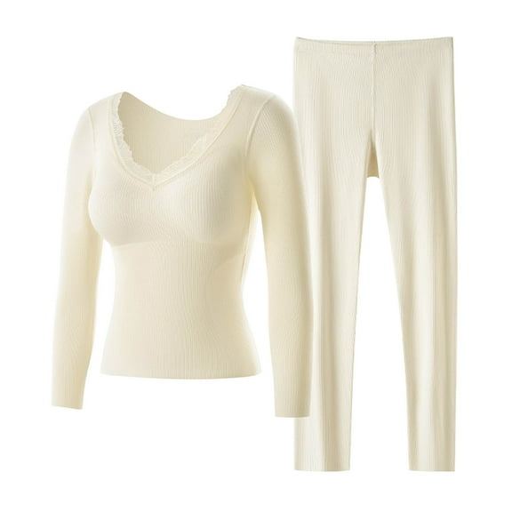 Timdgard Lounge Sets for Women 2 Piece Lace V Neck Long Sleeve Tops Pants Slim Warm Undershirts Outfits