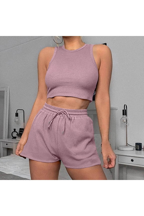 Timdgard Travel Outfits for Women Summer Cropped Tank Top Shorts 2 Piece Sets Casual Beach Vacation