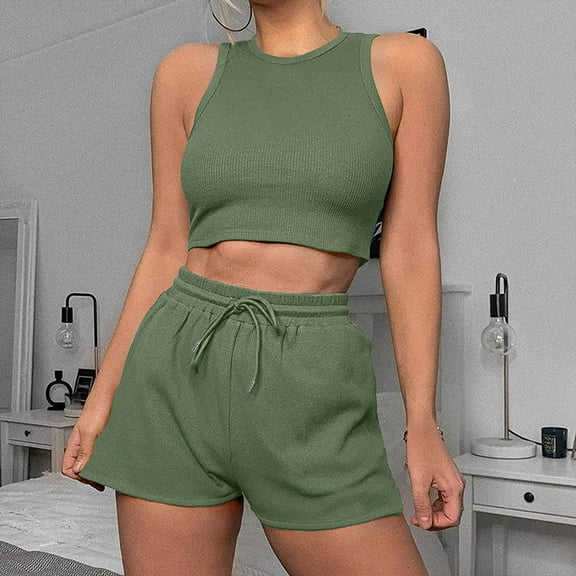 Timdgard Travel Outfits for Women Summer Cropped Tank Top Shorts 2 Piece Sets Casual Beach Vacation