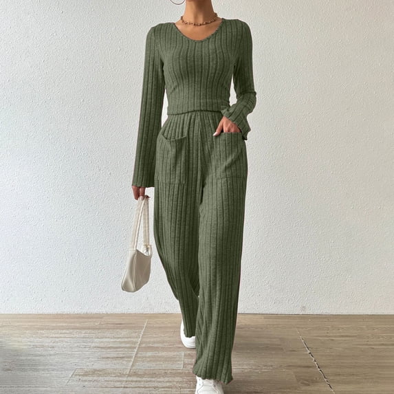 Timdgard Travel Outfits for Women V Neck Crop Tops Straight Leg Pants Ribbed Lounge Sets Fall Fashion