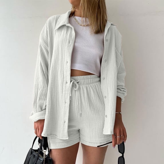 Timdgard Women 2 Piece Sets Lounge Wear Fall Long Sleeve Button down Matching Outfits Oversized Fashion Shorts Suits