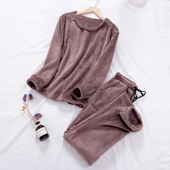 Timdgard Womens 2 Piece Sets Fall Winter Fleece Round Neck Long Sleeve Tops Pants Warm Comfy Outfits