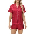 thumbnail image 1 of Timdgard Womens Pajamas Sets Satin Ruffle Short Sleeve Button down Shirts Shorts Loungewear Loose Outfits, 1 of 7