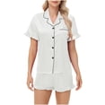 thumbnail image 1 of Timdgard Womens Pajamas Sets Satin Ruffle Short Sleeve Button down Shirts Shorts Loungewear Loose Outfits, 1 of 7