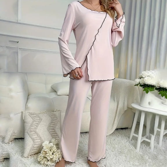 Timdgard Womens Pajamas Sets Scoop Neck Ruffle Split Tops Pants Loose Comfy Casual Fall Outfits Homewear