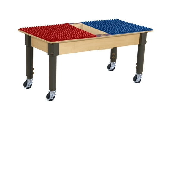 Time-2-Play 30.75"x15.5" Rectangular School Activity Table, Red & blue Duplo Compatible Play Table with a Trough and Wheels for Kids, 12-17 Adjustable Legs [Rolling Casters Included]