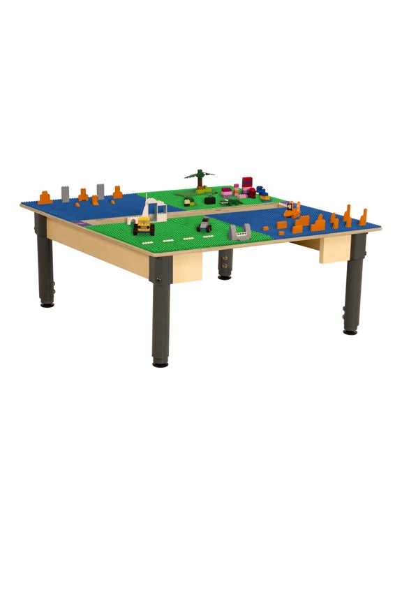 Time-2-Play 2-in-1 Montessori Kids Play Table, 35W Blue & Green Square Activity Table with Trough for Toddlers Compatible with Lego Building Blocks [12-17 Adjustable Legs]