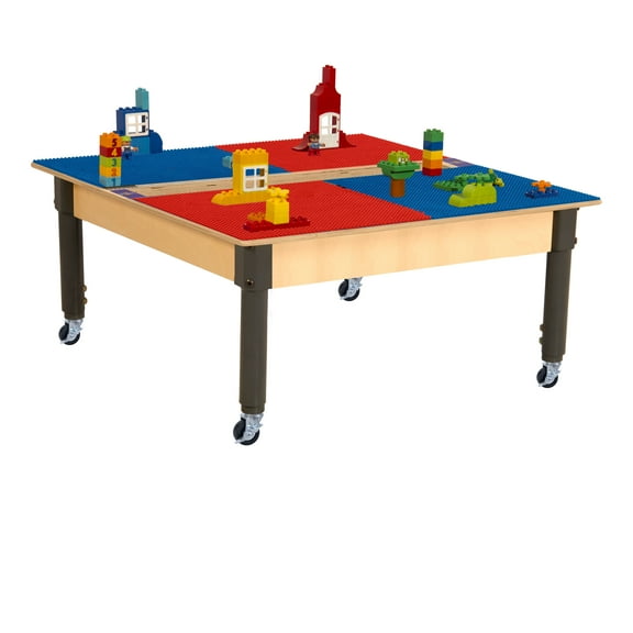 Time-2-Play 35" Square Red & Blue Montessori Birch Plywood School Activity Duplo Compatible Table with Wheels, Trough for Kids with 12-17 Adjustable Legs [Rolling Casters Included]