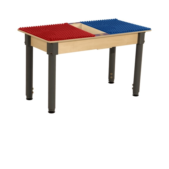 Time-2-Play Kids Birch Plywood Rectangular Duplo Compatible Play Table, 30.75"x 15.5" with 18-29 Adjustable Legs, Montessori Building Blocks Desk with a Trough [Red and Blue]