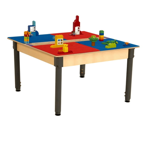 Time-2-Play Kids Birch Plywood Square Duplo Compatible Play Table 35"W with 18-29 Adjustable Legs, Montessori Building Blocks Desk with Trough [Red and Blue]