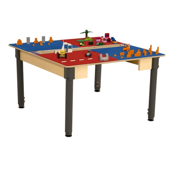 Time-2-Play Kids Birch Plywood Square Lego Compatible Play Table 35"W with 18”-29” Adjustable Legs, Montessori Building Blocks Desk with Trough [Red and Blue]