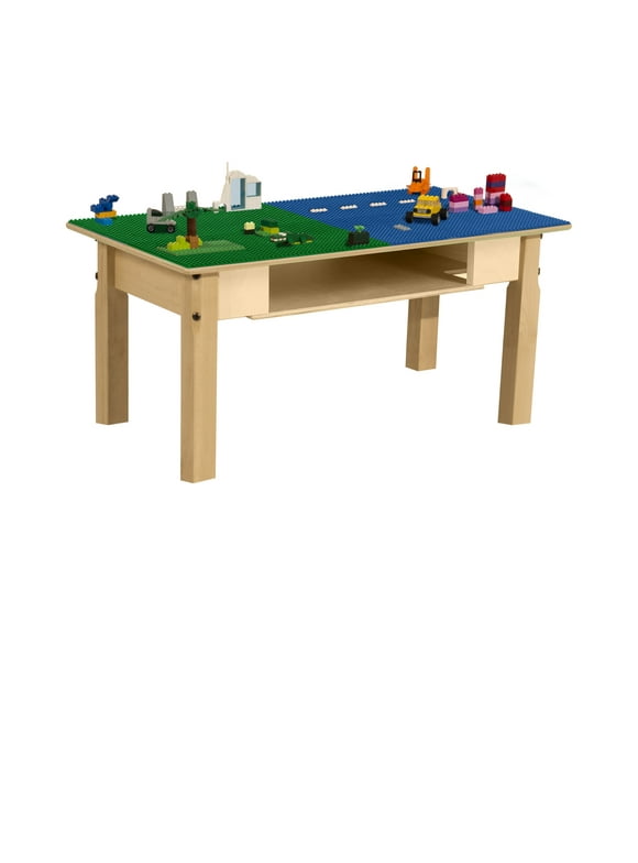 Time-2-Play Kids Play Table, Blue N Green Montessori Lego Compatible Table with Shelf Playroom Activity Table