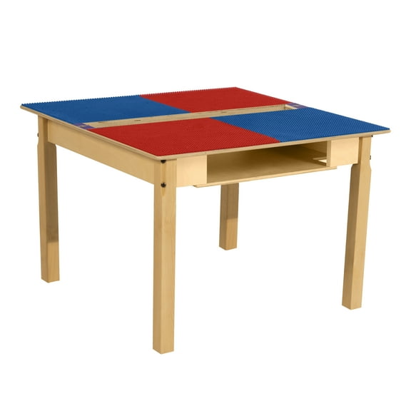Time-2-Play  Square Play Table with Trough, Shelf & 20 in. Legs & Duplo Compatible Grid, Red & Blue