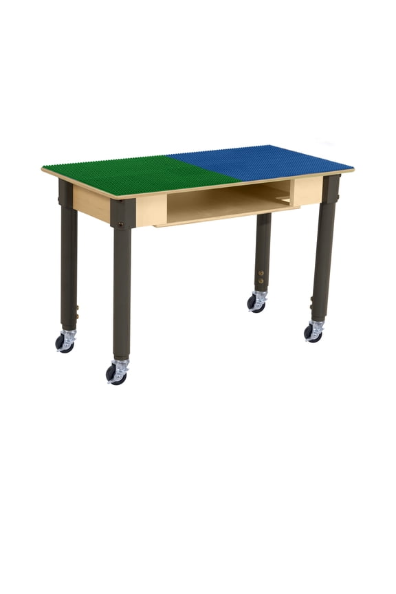 Time-2-Play Montessori Play Table, Reactangular Birch Plywood Blue & Green Lego Compatible Building Blocks Table Built-in Storage with Wheels for Kids [18-29 Adjustable Legs]