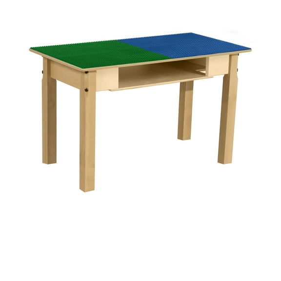 Time-2-Play Montessori Toddler's Table, Rectangular Blue N Green Lego Blocks Compatible Table With Shelf