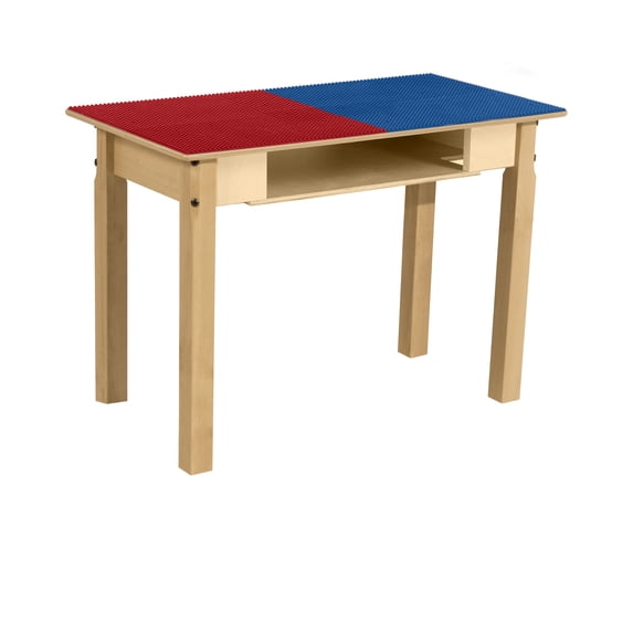 Time-2-Play Montessori Wooden Table, Red N Blue Lego Compatible Blocks Play Table, Activity Desk for Kids Playroom School